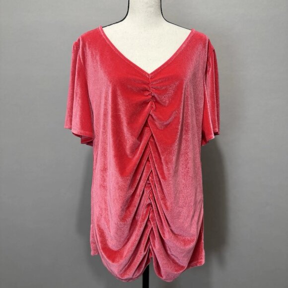 Torrid Stretch Velvet Blouse Women's 2X Pink Ruched Flutter Sleeve Top Romantic - Picture 1 of 8